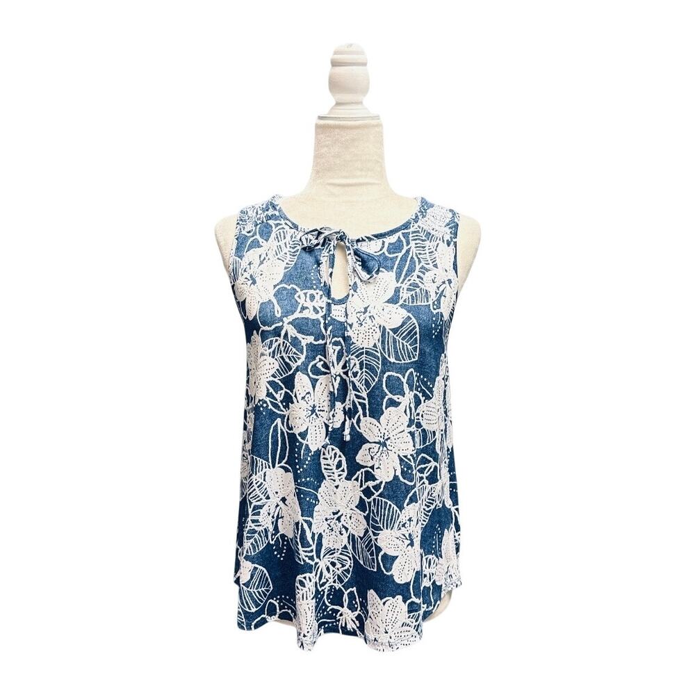 SJS Women’s Blue and White All Over Floral Tunic Tank Blouse Size Small
